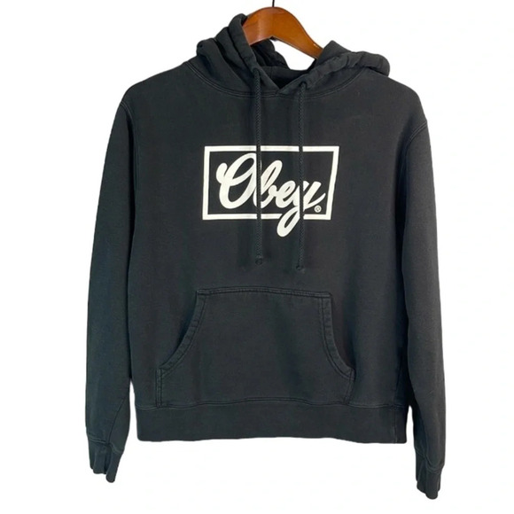 OBEY Graphic Logo Long Sleeve Hoodie Sweatshirt Black Kangaroo Pocket *As Is* M - Picture 12 of 12